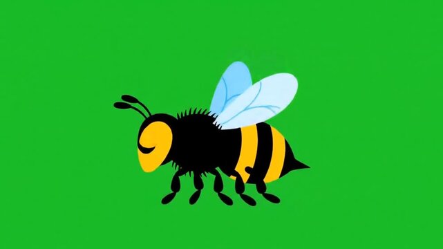 A cartoon illustration of a bee with yellow and black stripes, its wings are light blue, on a solid green background, the bee is facing left with its body angled forward