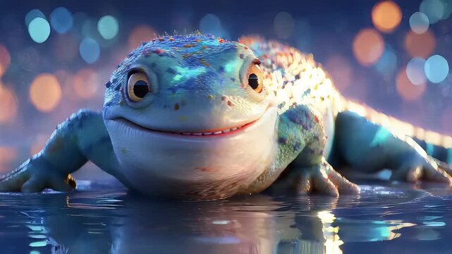 Colorful amphibian smiling in a shimmering pond