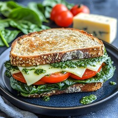 Photo of a healthy sandwich with spinach, cheese, and tomatoes on a blue plate