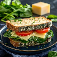 Photo of a healthy sandwich with spinach, cheese, and tomatoes on a blue plate