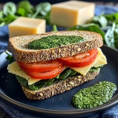 Photo of a healthy sandwich with spinach, cheese, and tomatoes on a blue plate