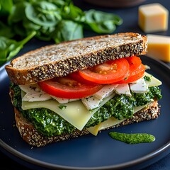 Photo of a healthy sandwich with spinach, cheese, and tomatoes on a blue plate
