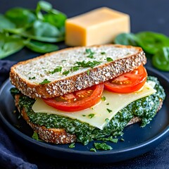Photo of a healthy sandwich with spinach, cheese, and tomatoes on a blue plate