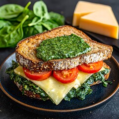Photo of a healthy sandwich with spinach, cheese, and tomatoes on a blue plate