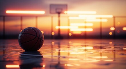 Basketball on Wet Court at Sunset with City Lights