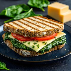 Photo of a healthy sandwich with spinach, cheese, and tomatoes on a blue plate