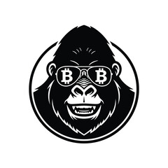 Bitcoin Sign Icon. Logo Gorilla Glasses. Head Monkey Design. Vector illustration