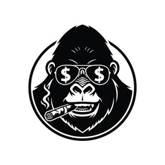 Dollar Sign Icon. Logo Gorilla Glasses Cigar. Head Monkey Design. Vector illustration