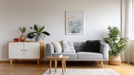 poster above white cabinet with plant next to grey sofa in simple living room interior real photo no logos no brands ar 169