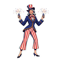 A smiling patriotic woman in a vintage Uncle Sam costume holding two exploding party poppers.
