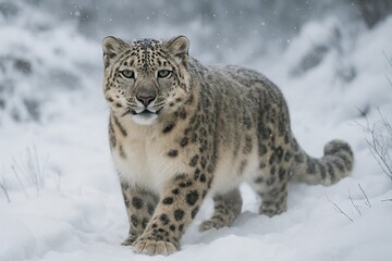 A majestic Snow Leopard (Panthera uncia) walking through deep snow in its natural winter habitat, looking directly at the camera.

