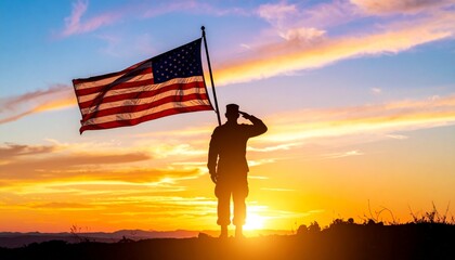 Silhouette of a soldier saluting in front of the American flag at sunset, symbol of patriotism, honor, and remembrance for military service.