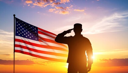 Silhouette of a soldier saluting in front of the American flag at sunset, symbol of patriotism, honor, and remembrance for military service.