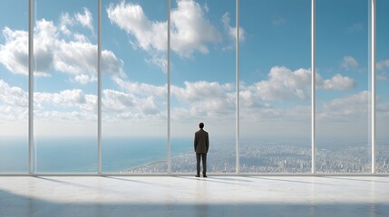 Businessman Staring at City Skyline Through Large Glass Window