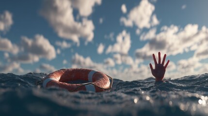 Hand reaching out from the water near a lifebuoy in cloudy sea, depicting a rescue scenario. Concept for maritime safety, risk management and emergency preparedness