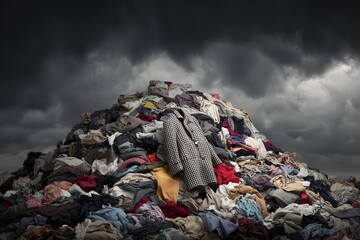 A mountain of discarded clothing under a stormy sky evokes waste and excess, concept for fast fashion critique, environmental impact awareness and textile industry reform