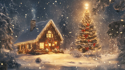 Cozy wooden cabin with Christmas tree and snowfall at night  