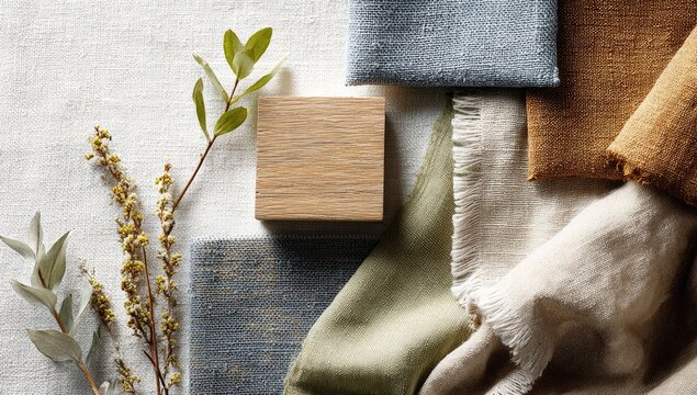 Flatlay showcasing various fabric swatches in muted earth tones, a light wood sample, and sprigs of greenery on a textured white background.  The fabrics exhibit different textures and weaves
