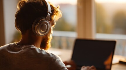 over shoulder close up man student wear headphones use laptop computer study online listen watch training course make notes e learning teacher call mock up screen distance education concept no logos