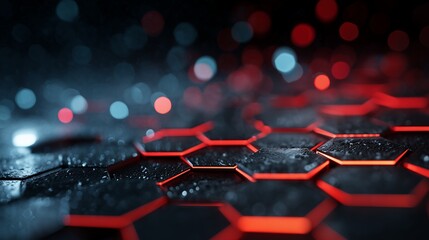 Abstract dark honeycomb pattern with glowing red edges and wet surface, concept for futuristic technology, innovative designs and advanced engineering visualization