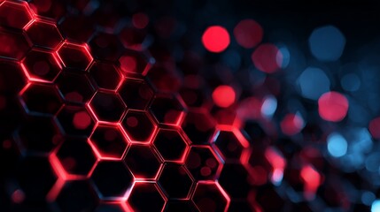 Abstract glowing red hexagon pattern with blurred blue and red bokeh background, concept for modern technology, data visualization and futuristic background