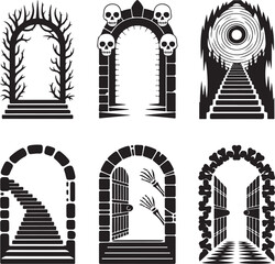 Underworld gateways Halloween icon set silhouette vector