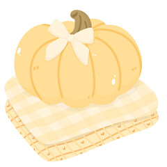 Cute pumpkin on blankets, cozy autumn decoration 