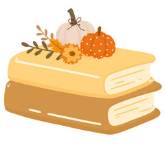 cute pumpkins on top of stack of books, cozy autumn decoration 
