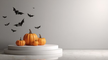 halloween themed pumpkin display with bats on white podium background 3d rendering