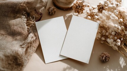 two blank white us letter size card placed on a beige table the cards are leaning on a boho embroidery linen on the side are christmas vibe decorations that doe