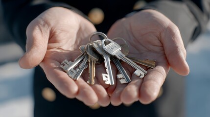 Collection of various keys held in hands against a snowy background during daylight