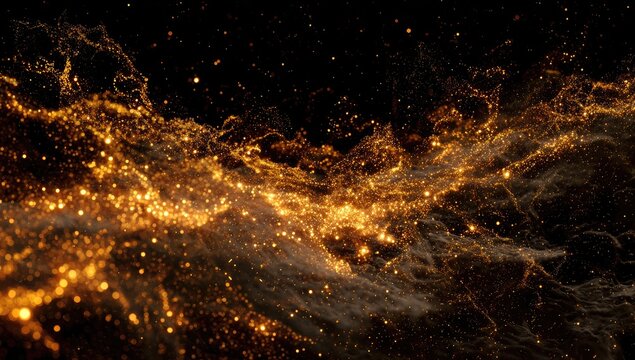 Glowing golden particles form undulating waves and clouds against a black background, creating a cosmic or ethereal effect with varying densities of light and dark