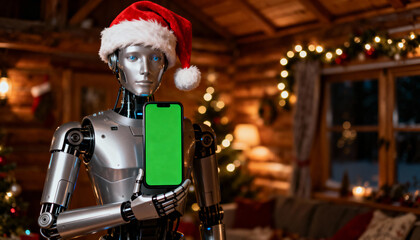 Robot santa hat smartphone green screen christmas holiday mobile phone copy space business discount offer coupon special promotion festive tech marketing background digital artificial intelligence