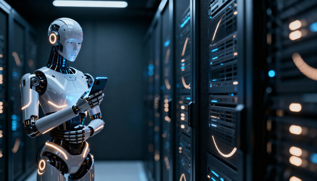 Robot smartphone server room datacenter artificial intelligence copy space business discount offer coupon special promotion festive tech marketing background digital ai technology infrastructure