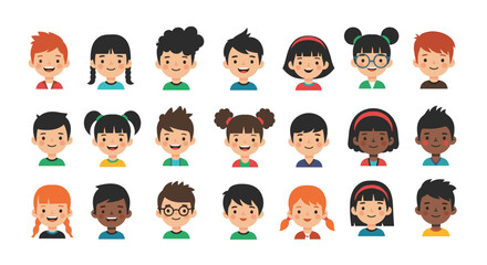 A colorful collection of diverse children avatars from different ethnic backgrounds.