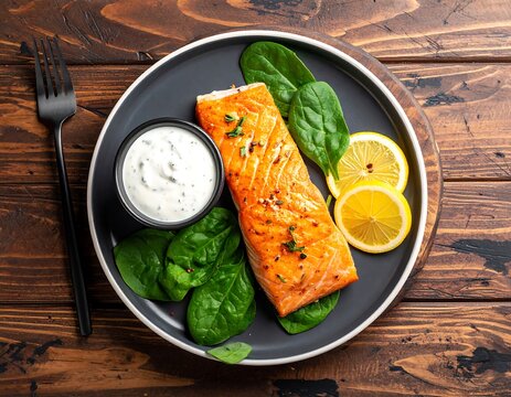 Pan-fried salmon with spinach and lemon
