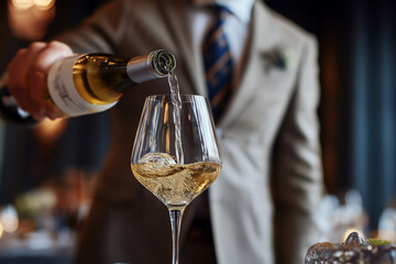 Sommelier pouring white wine into glass in luxury restaurant.