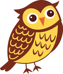 Stylized Cartoon Owl with Ear Tufts. Chocolate Brown and Yellow Owl Vector. Charming Owl Illustration for Kids.
