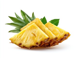 Fresh pineapple slices with leaves.  Three triangular slices of yellow pineapple fruit are angled,  with vibrant green leaves overlapping the top.  Isolated on white background