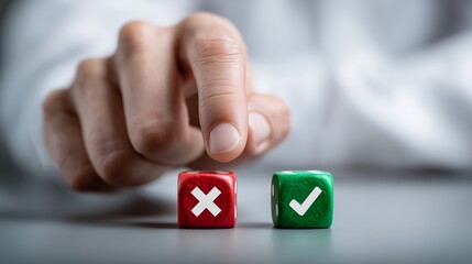 Close-up of a hand choosing between a red 'X' and a green check mark dice on a gray surface, concept for decision making process, assessing choices and risk management strategy