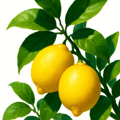 Yellow lemon fruit growing ripe and fresh on a green branch of a citrus tree with leaves