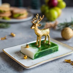 A decorative rectangular dish holds a festive green and white soap bar, topped with a golden glitter reindeer figurine.