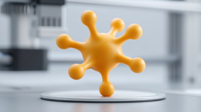 Abstract yellow model resembling a virus on a laboratory workspace with scientific equipment in the background, highlighting concepts of research and health