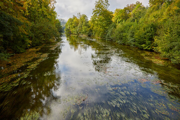 view on Moehne river at late summer time in Ense, Germany
