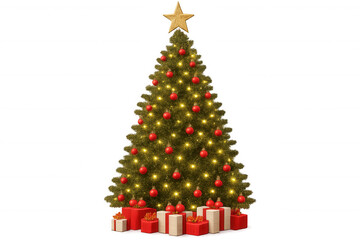Naklejka premium Christmas tree celebrating holiday season, decorated with golden star, red ornaments, string lights, and wrapped gift boxes