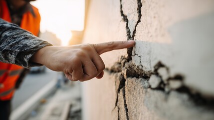Engineer's hand inspecting severe structural cracks on weathered concrete wall during urban construction project, concept for building safety, disaster assessment and infrastructure maintenance