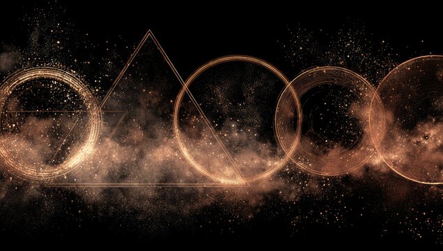 Glowing copper circles and triangles amidst swirling dust and sparks on a black background