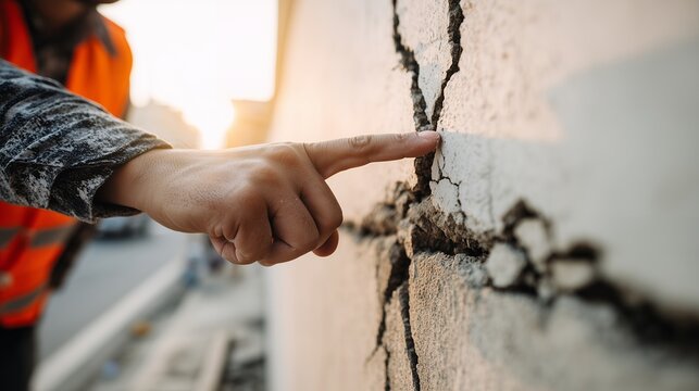 Engineer's hand inspecting severe structural cracks on weathered concrete wall during urban construction project, concept for building safety, disaster assessment and infrastructure maintenance