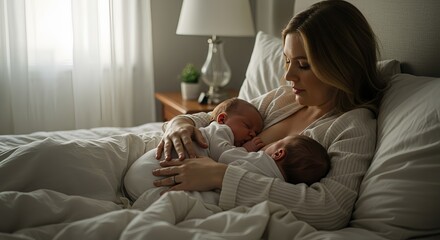 Mother breastfeeding twins in a cozy bedroom under soft light