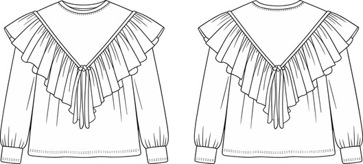 Fashion technical flat vector illustration of long sleeve blouse with dramatic V ruffle detail, gathered cuffs, feminine vintage inspired design